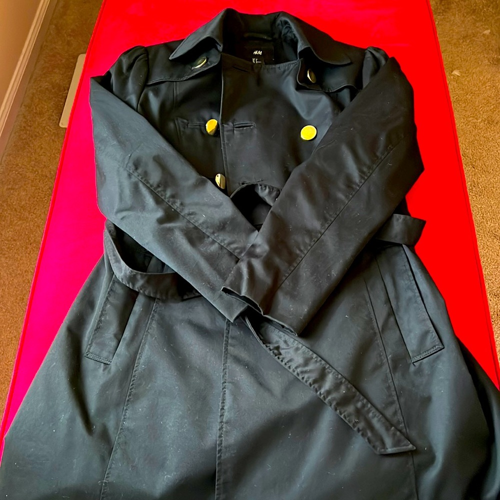 Black cotton trench coat, H&M trench, double breasted coat, fully lined, size 8